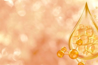 Illustration eines goldenen Tropfens mit Molekülstrukturen als Symbol für Kollagen in Hautpflegeprodukten