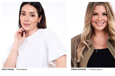 Porträt der Influencerinnen Betül Akbaba und Verena Ahmann vor hellem Hintergrund mit eingeblendeten Instagram-Namen