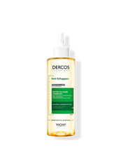 Flasche des Anti-Schuppen Water to Foam Shampoos von Vichy Dercos. Mit Applikator für gezielte Kopfhautpflege.