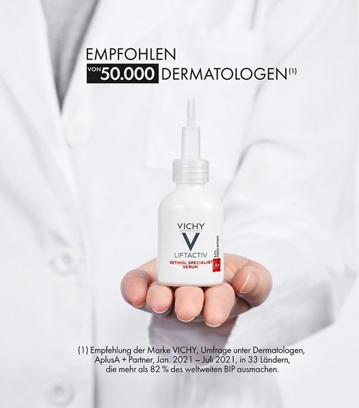 Vichy Liftactiv Retinol Specialist Serum empfohlen von fünfzigtausend Dermatologinnen und Dermatologen weltweit