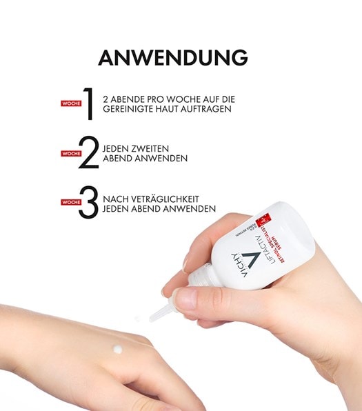 Anwendung Vichy Liftactiv Retinol Specialist Serum schrittweise Steigerung von zwei Abenden pro Woche bis täglich