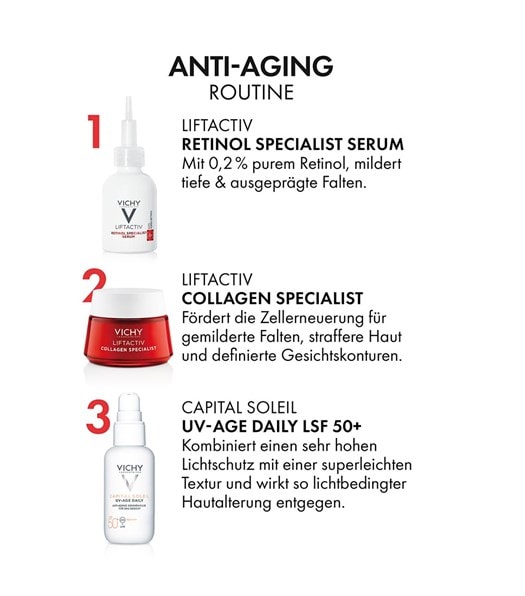 Vichy Anti Aging Routine mit Retinol Specialist Serum Collagen Specialist Creme und UV Age Daily Lichtschutzfaktor fünfzig plus
